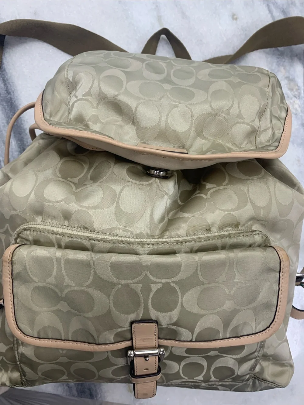 Coach Beige Signature Nylon Backpack with Natural Leather Trim